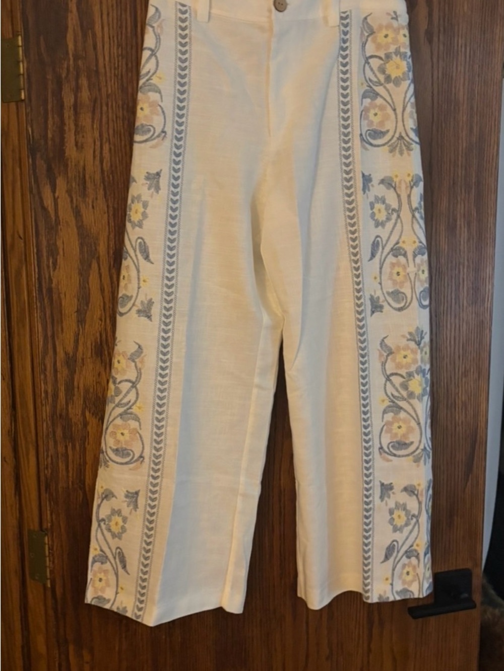 Calypso St. Barth Cream Cropped Wide-Leg Pants with Blue and Yellow Floral Trim